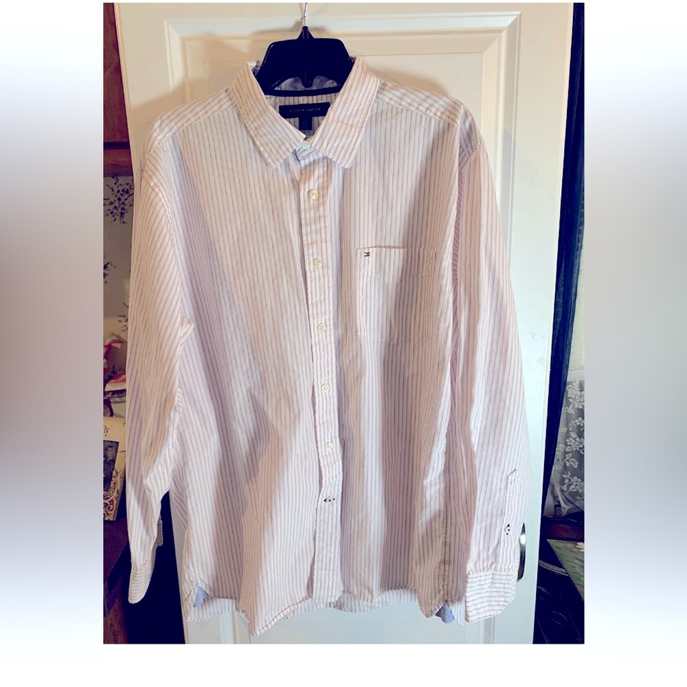 tommy hilfiger long sleeve button down mens size L white/black pin striped NEW